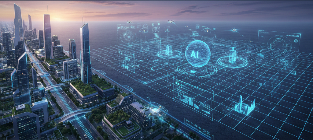 Aerial view of a city development zone with land use planning overlays and infrastructure data